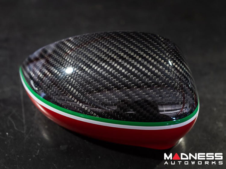 FIAT 500 Mirror Covers - Carbon Fiber - Red Lower Portion - Italian Racing Stripe w/ White Scorpion